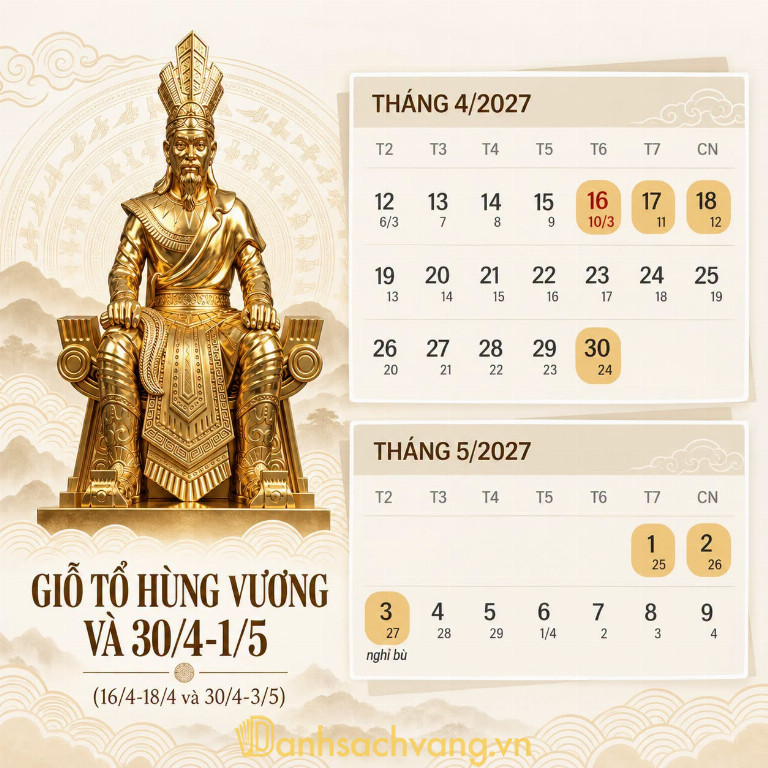 Lịch nghỉ ngày giổ tổ hùng vương, ngày 30/4 và 1/5/2027